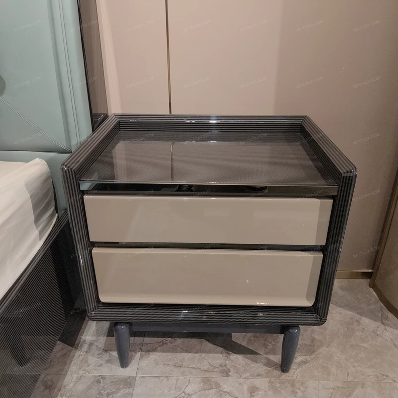 Striped Natural Wood Veneer Nightstand with Painted Wood Veneer Top